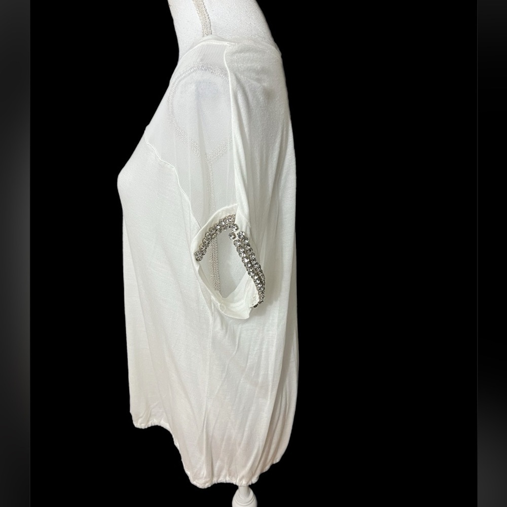 INC Women’s White Top Size 1X Rhinestone On Sleeves Elastic Bottom Sheer On Top - Picture 3 of 6